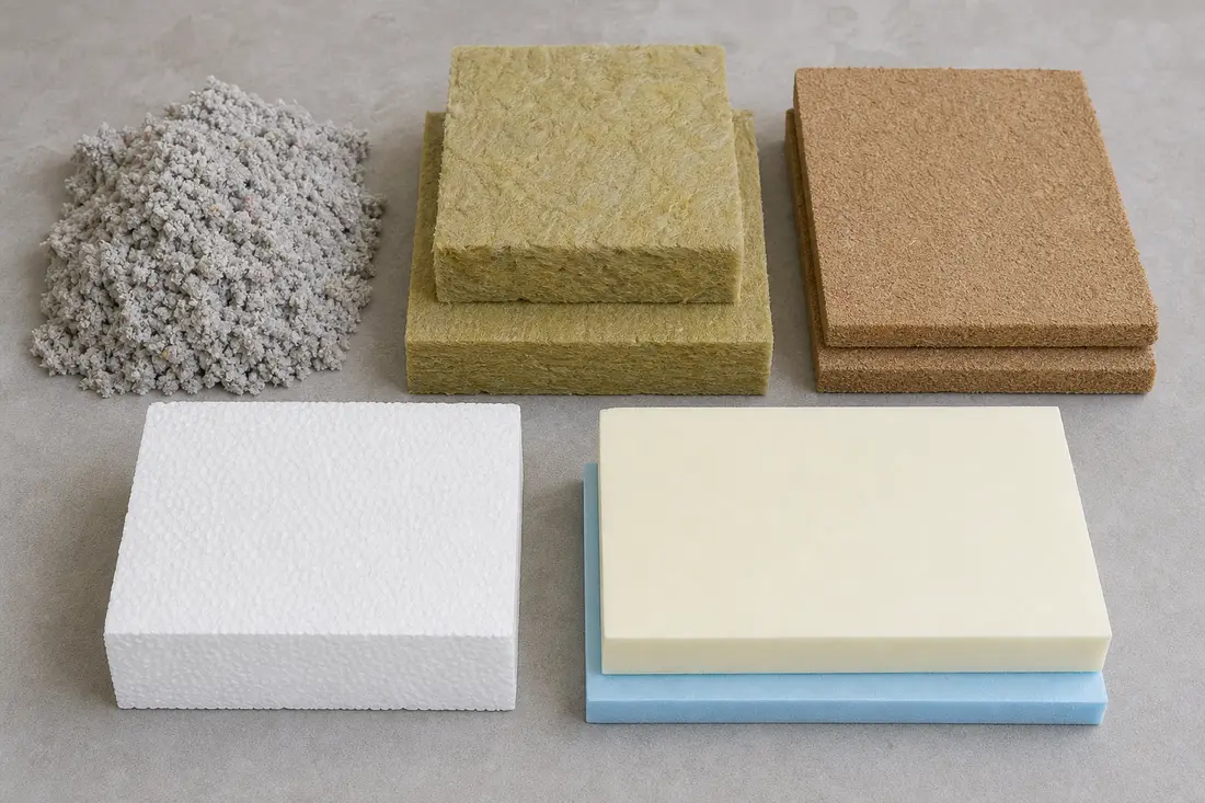 Verschiedene Dämmstoffe wie Zelluloseflocken, Mineralwolle und Holzfaserplatten nebeneinander aufgereiht