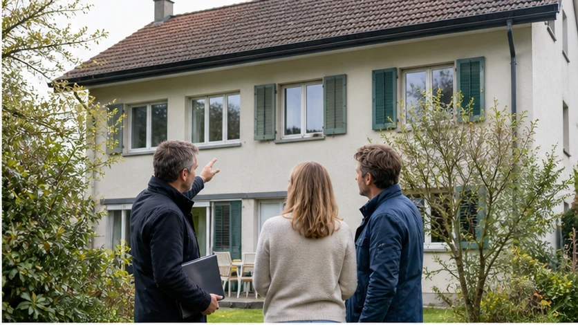 Eine Fachfrau bespricht mit zwei Eigentümern die Schnittstellen von Dach, Fassade und Fenstern