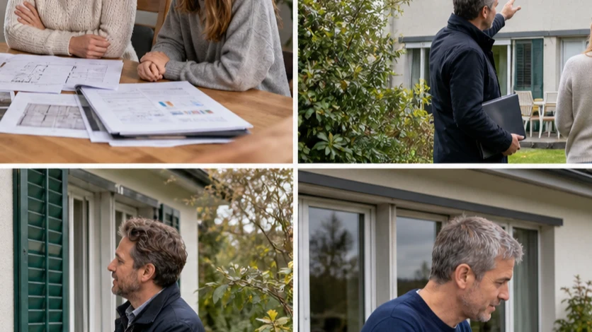 Eine Familie ordnet Unterlagen und einen Zeitplan für ein etappenweises Renovationsprojekt