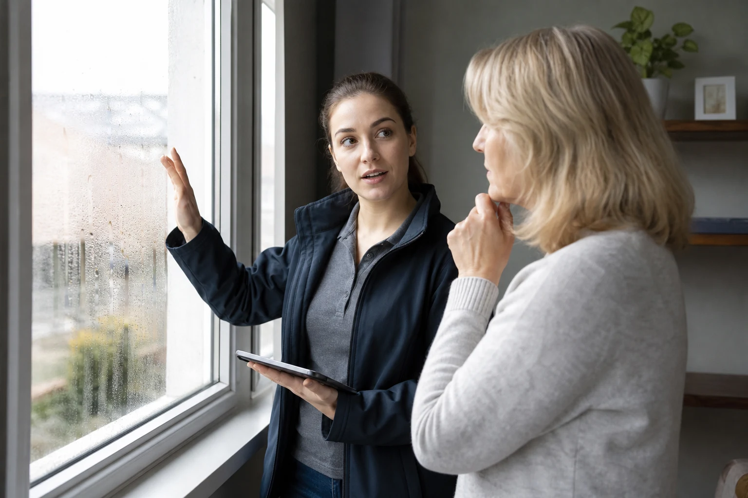 Beraterin spricht mit Eigentümer vor einer beschlagenen Fensterscheibe