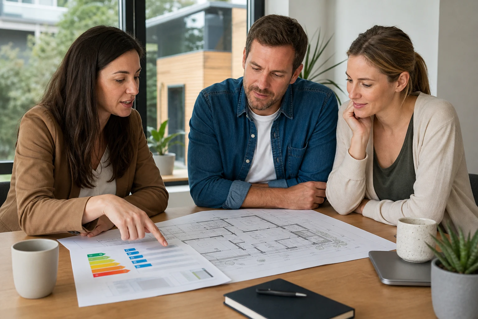 Paar vergleicht Pläne und Energiebericht mit einer Expertin