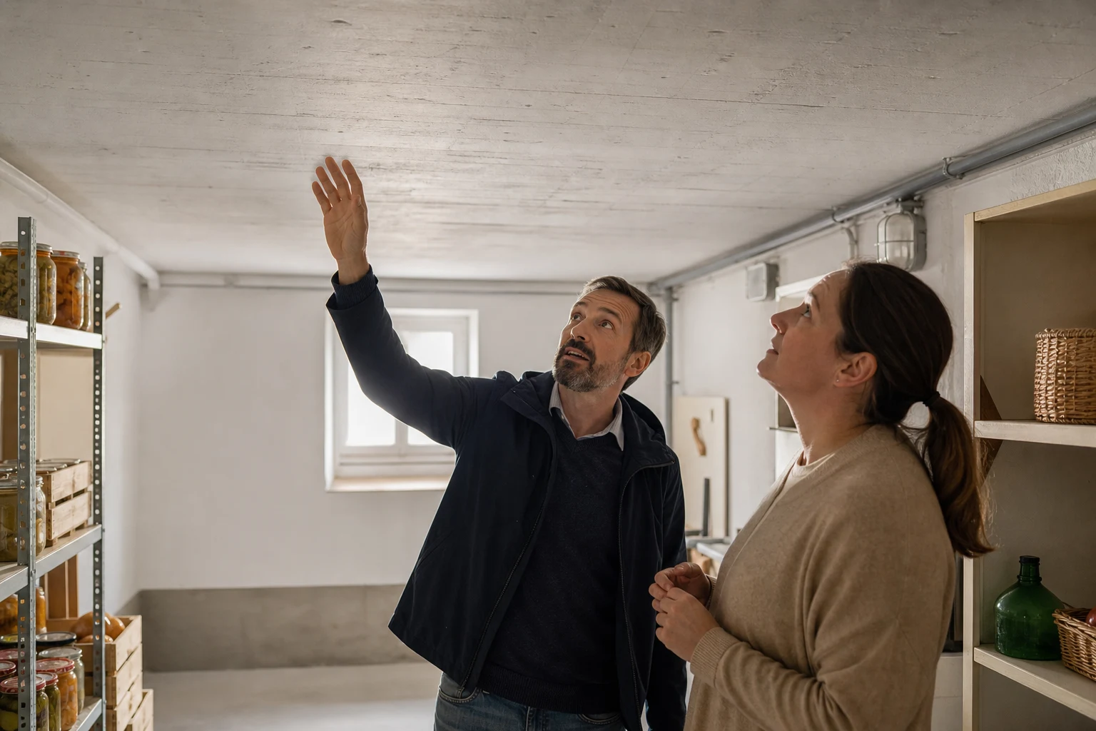Eigentümer und Fachperson prüfen eine Kellerdecke