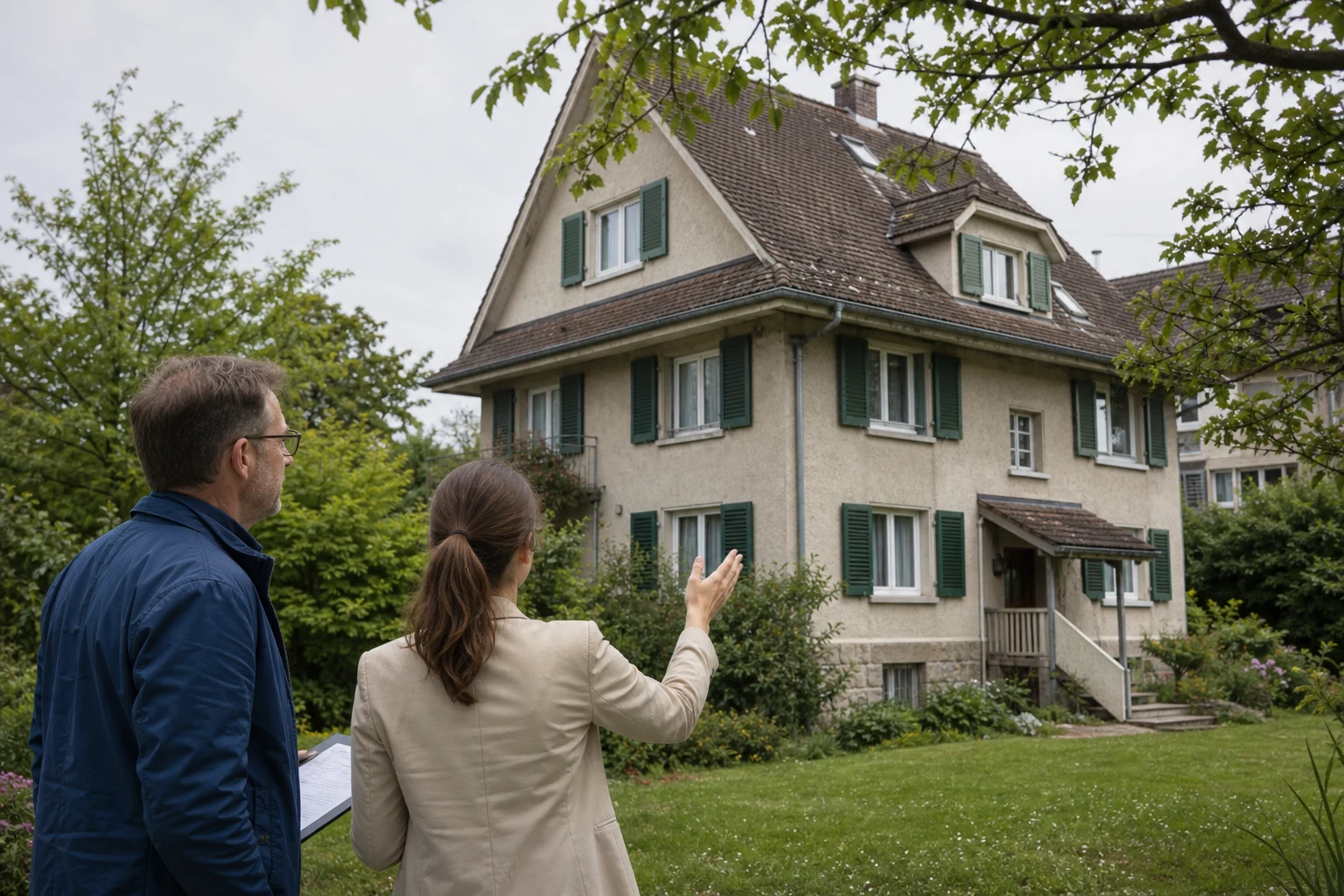 Eigentümer und Energieberaterin prüfen ein Wohnhaus vor einer Sanierung